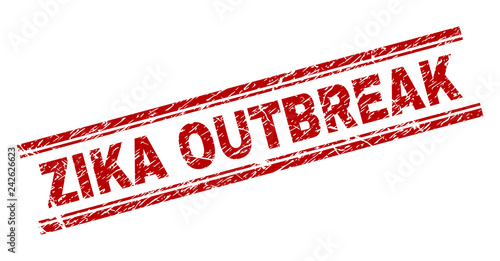 ZIKA OUTBREAK seal print with grunge texture. Red vector rubber print of ZIKA OUTBREAK caption with grunge texture. Text caption is placed between double parallel lines.