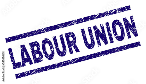 LABOUR UNION seal print with distress style. Blue vector rubber print of LABOUR UNION tag with dust texture. Text tag is placed between parallel lines.