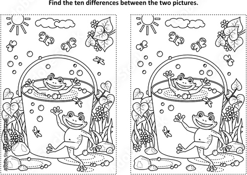 Summer joy themed find the ten differences picture puzzle and coloring page with happy playful frogs swimming in a bucket full of water.
