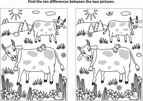 Find the ten differences picture puzzle and coloring page with spotted milk cows on the pasture
