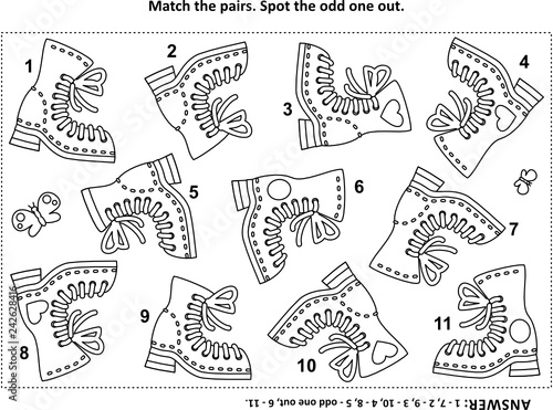 Puzzle with boots. Match the pairs. Find the odd one out. Answer included.