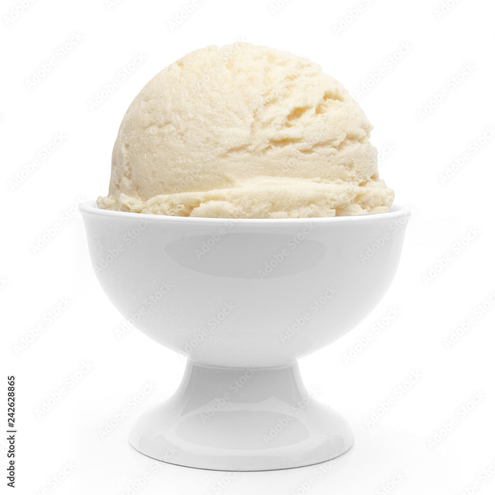 Vanilla ice cream scoop in bowl isolated on white background