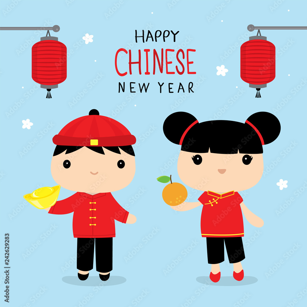 Happy Chinese New Year Children Boy And Girl Character Cartoon In Traditional Clothes Celebrate Vector Stock Vector Adobe Stock