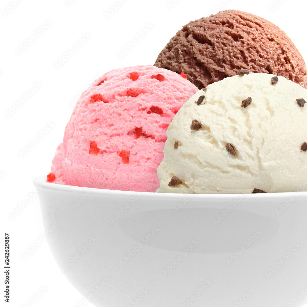 Strawberry, vanilla and chocolate ice cream scoops with chocolate parts in bowl isolated on white background Strawberry, vanilla and chocolate ice cream scoops with chocolate parts in bowl isolated on white background