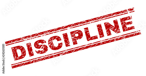 DISCIPLINE seal imprint with grunge texture. Red vector rubber print of DISCIPLINE tag with unclean texture. Text tag is placed between double parallel lines.