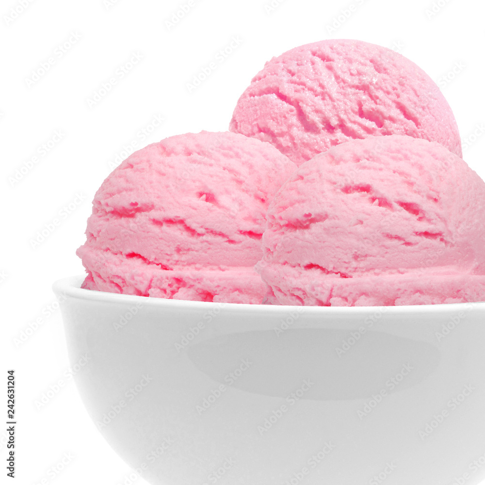 Strawberry ice cream scoops in bowl isolated on white background Strawberry ice cream scoops in bowl isolated on white background