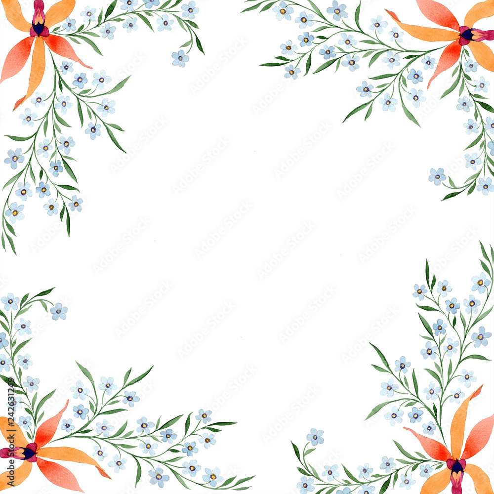 Naklejka premium Blue ahd orange floral botanical flower. Watercolour drawing fashion aquarelle isolated.