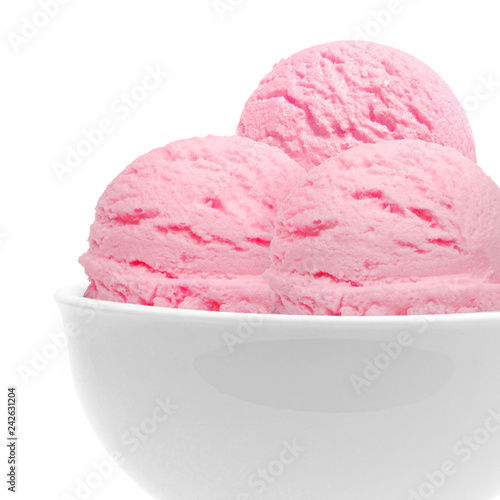Strawberry ice cream scoops in bowl isolated on white background