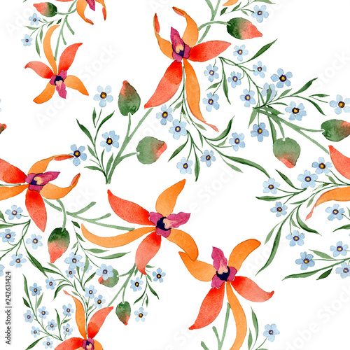 Blue ahd orange floral botanical flower. Watercolour drawing fashion aquarelle isolated.