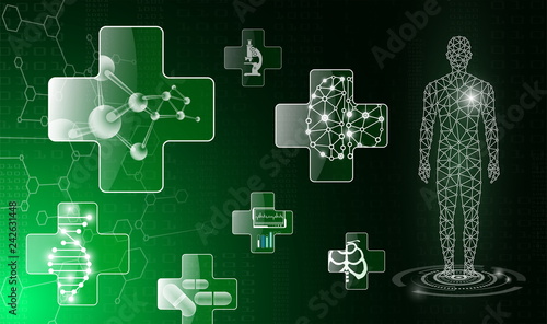 abstract background technology concept in green light,human body heal,technology modern medical science in future and global international medical with tests analysis clone DNA human