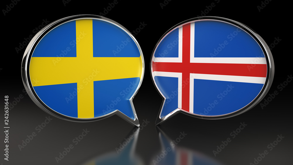 Fototapeta premium Sweden and Iceland flags with Speech Bubbles. 3D illustration