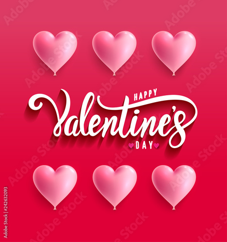 Happy Valentines day hand lettering. Romantic quote postcard, card, invitation, banner template. Vector illustration. Isolated on red background.