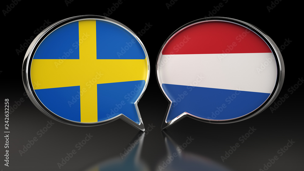 Sweden and Netherlands flags with Speech Bubbles. 3D illustration