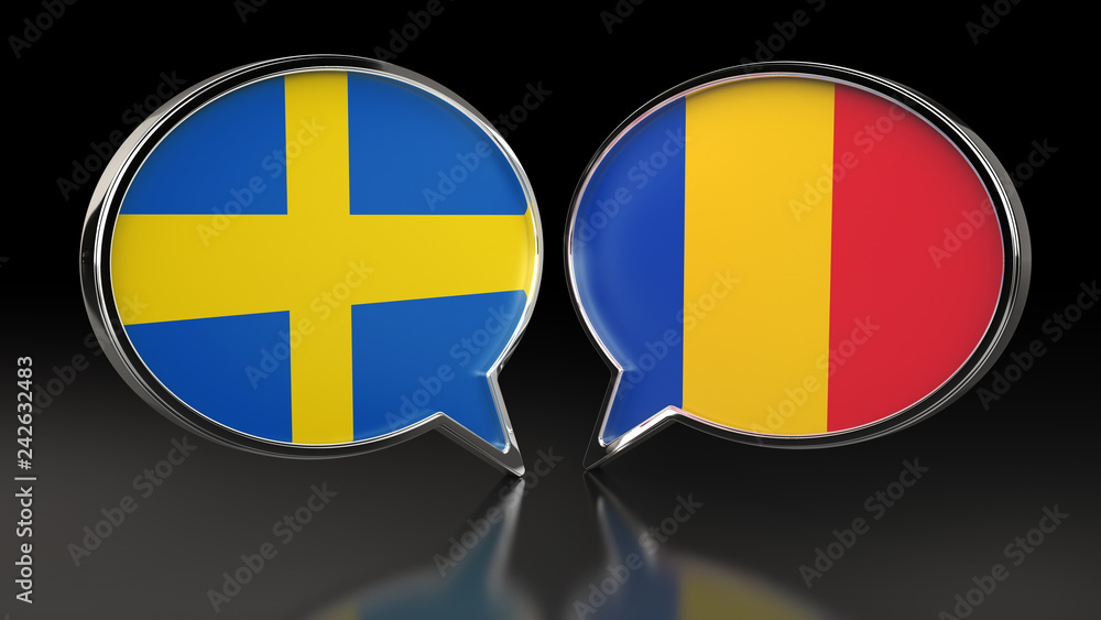Fototapeta premium Sweden and Romania flags with Speech Bubbles. 3D illustration