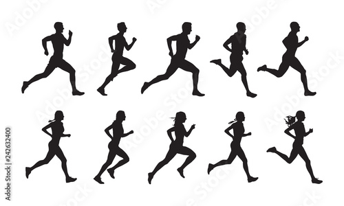 Run, set of running people, isolated vector silhouettes. Group of  men and women runners photo