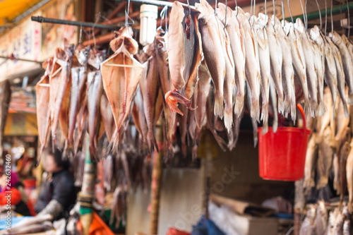 Dried fish hanging on a rope