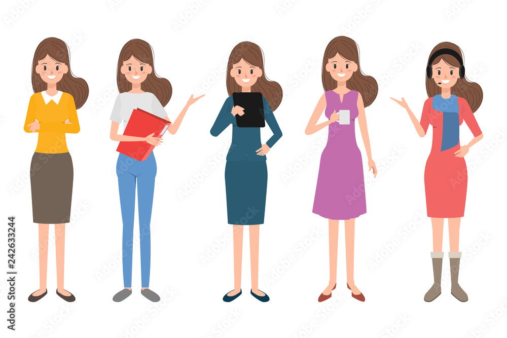 Set of working woman in different pose. People character in occupation.