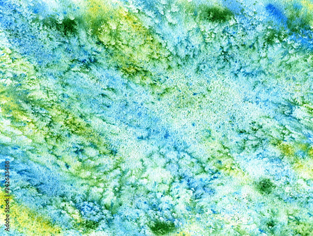 Abstract watercolor background with colorful paint stains and drops in white, green, blue colors. Hand drawn traditional illustration. Creative liquid wallpaper. Abstraction image.