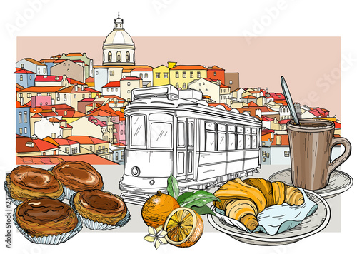 Lisbon panoramic cityscape and cafeteria set