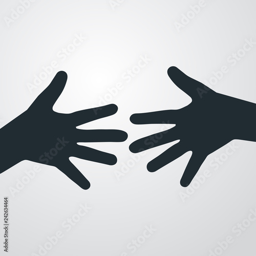 Icono plano silueta dos manos ayuda en fondo gris