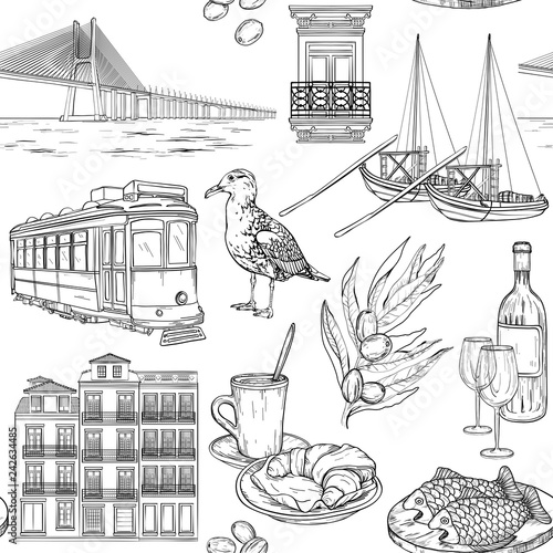 Seamless pattern with Portuguese sketches