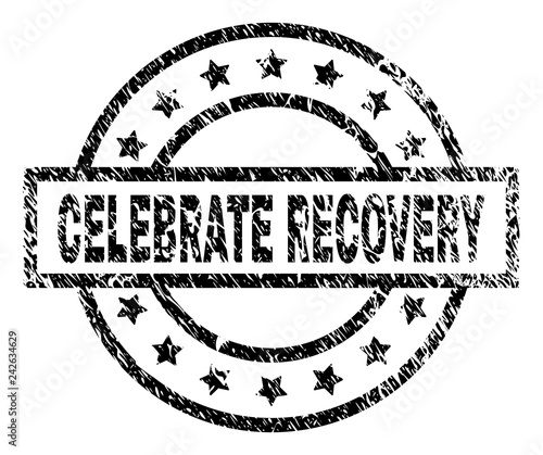 CELEBRATE RECOVERY stamp seal watermark with distress style. Designed with rectangle, circles and stars. Black vector rubber print of CELEBRATE RECOVERY caption with corroded texture.