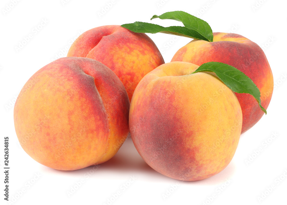peach fruit with green leaf isolated on white background peach fruit with green leaf isolated on white background