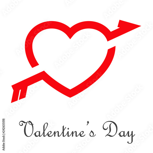 Logotipo abstracto con texto Valentine's Day con corazón lineal con flecha en espacio negativo color rojo