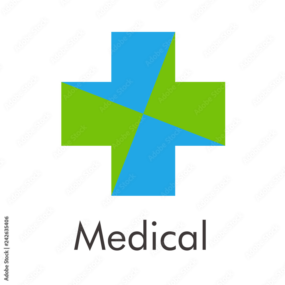 Logotipo abstracto con texto Medical con cruz dividida en color azul y verde Logotipo abstracto con texto Medical con cruz dividida en color azul y verde