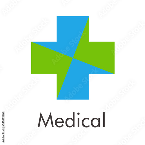 Logotipo abstracto con texto Medical con cruz dividida en color azul y verde