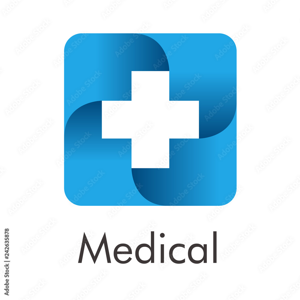 Logotipo abstracto con texto Medical con cruz en espacio negativo en cuadrado azul Logotipo abstracto con texto Medical con cruz en espacio negativo en cuadrado azul