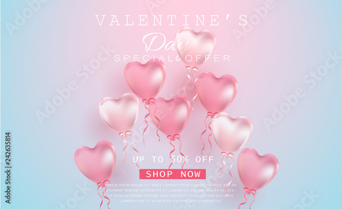 Valentines day sale background with Heart Shaped Balloons. Vector illustration.Wallpaper.flyers, invitation, posters, brochure, banners.