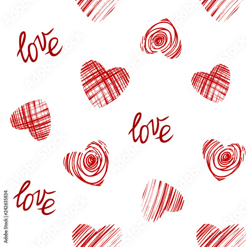 Holiday seamless pattern. Red hearts and love lettering. Saint Valentine's Day. Festive colorful background, texture. Love and romance. Holiday decoration. Celebration theme