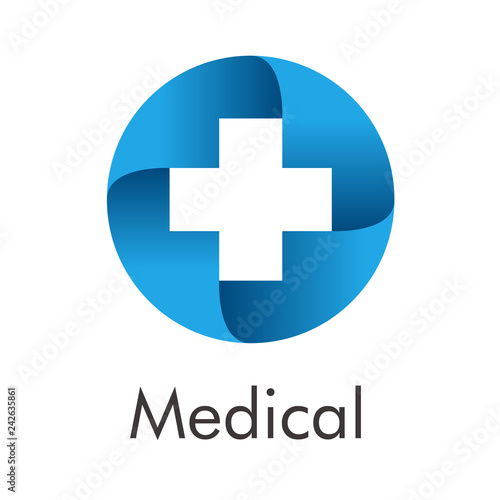 Logotipo abstracto con texto Medical con cruz en espacio negativo en círculo azul