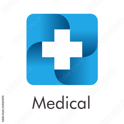 Logotipo abstracto con texto Medical con cruz en espacio negativo en cuadrado azul