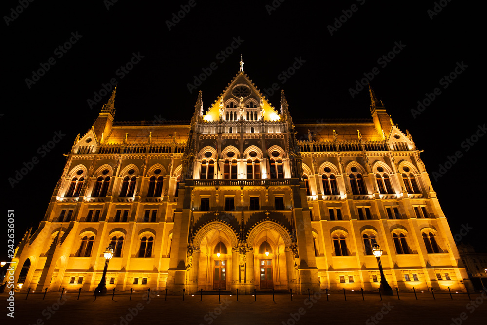 Budapest, Hungary - December 08, 2018:  Hungarian Parliament in Budapest at night. Photo Image