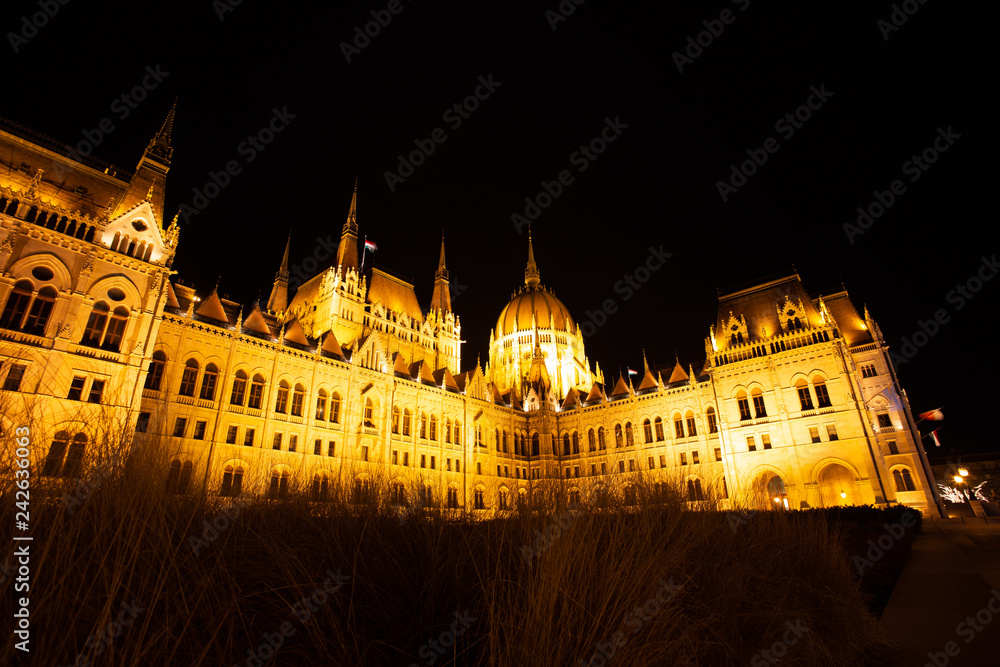 Budapest, Hungary - December 08, 2018:  Hungarian Parliament in Budapest at night. Photo Image