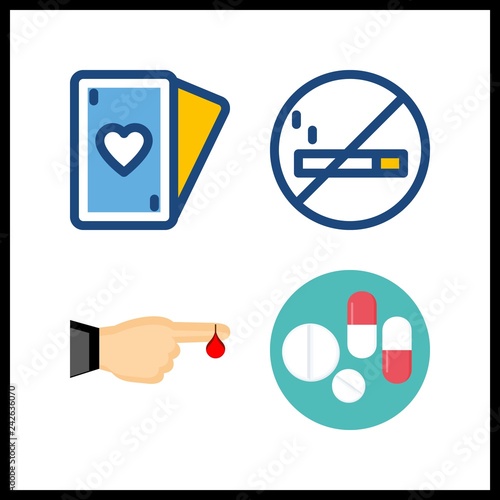 4 addiction icon. Vector illustration addiction set. no smoking and finger harm icons for addiction works