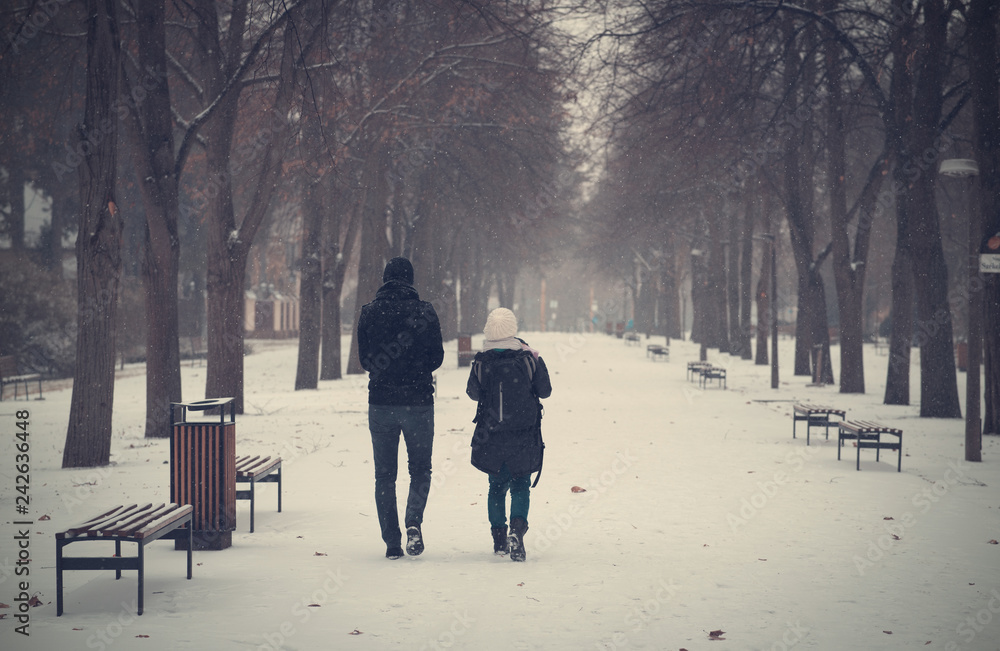 Couple walking in the winter park Couple walking in the winter park
