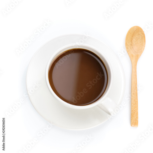 Top view of coffee with wooden spoon on white background. - image