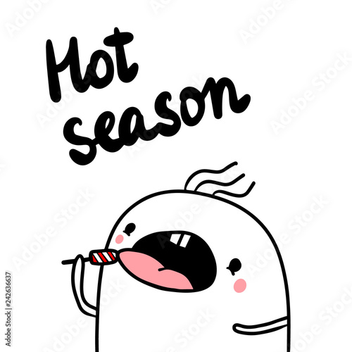 Hot season hand drawn illustration with cute marshmallow eating fruit ice