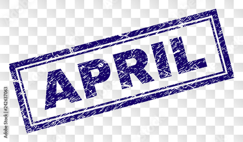 APRIL stamp seal print with rubber print style and double framed rectangle shape. Stamp is placed on a transparent background. Blue vector rubber print of APRIL label with unclean texture.