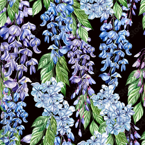 Beautiful seamless floral summer pattern background with tropical flowers, wi...