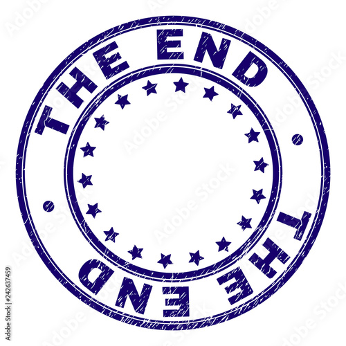 THE END stamp seal watermark with grunge style. Designed with round shapes and stars. Blue vector rubber print of THE END label with grunge texture.