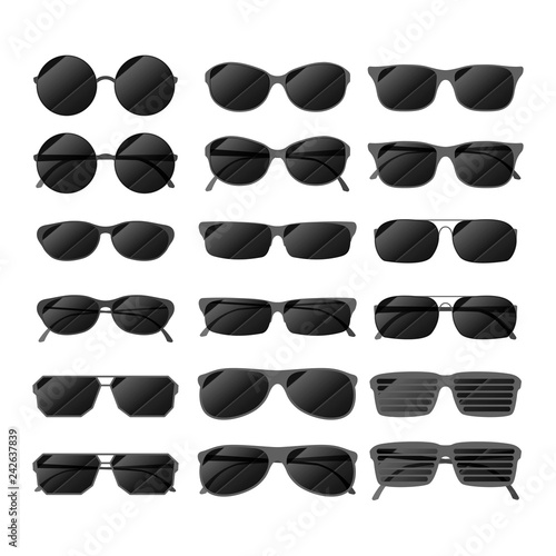 Set of black glossy sunglasses in different style on white