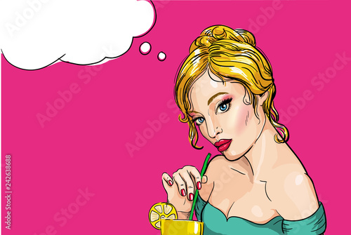 Comic style vector illustration of young blond woman drinking a coctail with straw.