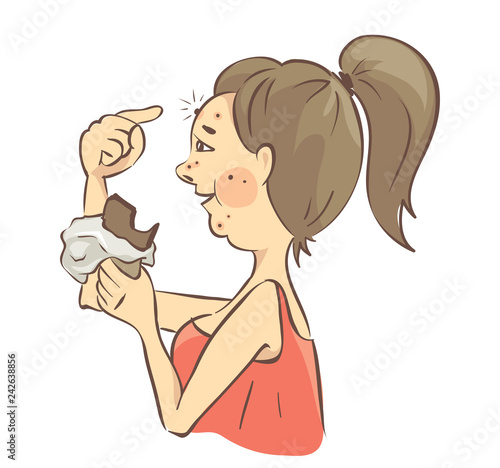 Harm of chocolate. The girl eats a lot of chocolate. Skin problems, acne. Vector illustration.