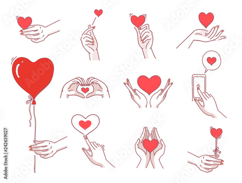 Heart hands female set. Women hand holding heart symbol Meaning of showing love. Various,different gestures with view left,right,top,bottom,palm,back,fingers. icon vector design of hand drawn style.