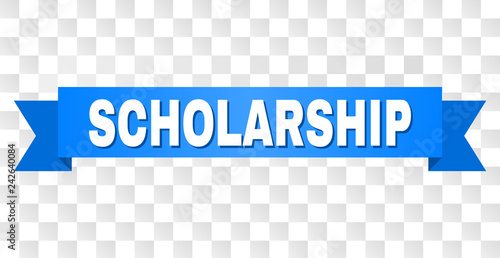 SCHOLARSHIP text on a ribbon. Designed with white caption and blue tape. Vector banner with SCHOLARSHIP tag on a transparent background.