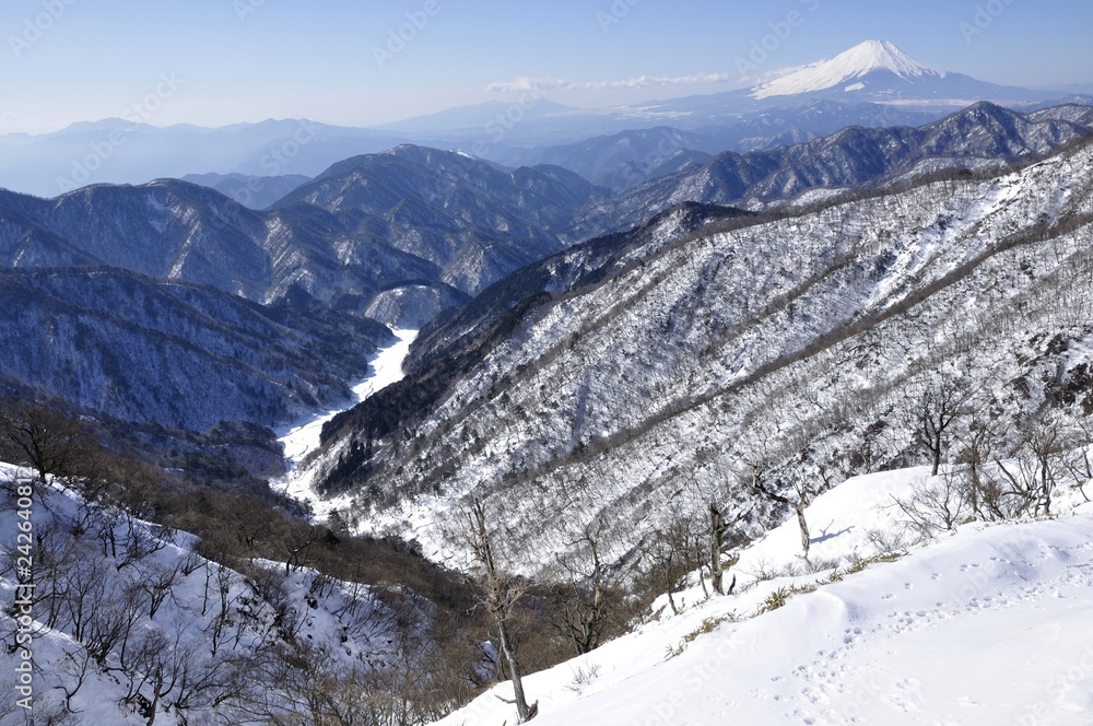 雪の丹沢山地と富士山